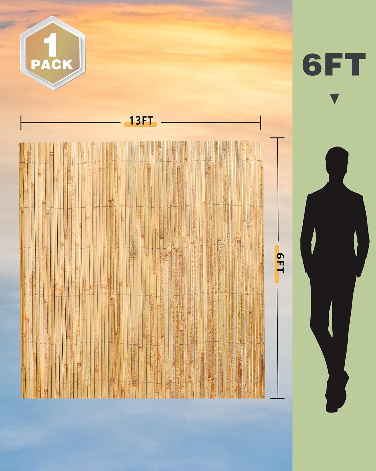 Bamboo Privacy Fence Roll 6ft x 13ft, Natural Bamboo Slat Screening Panels for Outdoor Garden, Yard, Patio, Balcony Privacy Screen