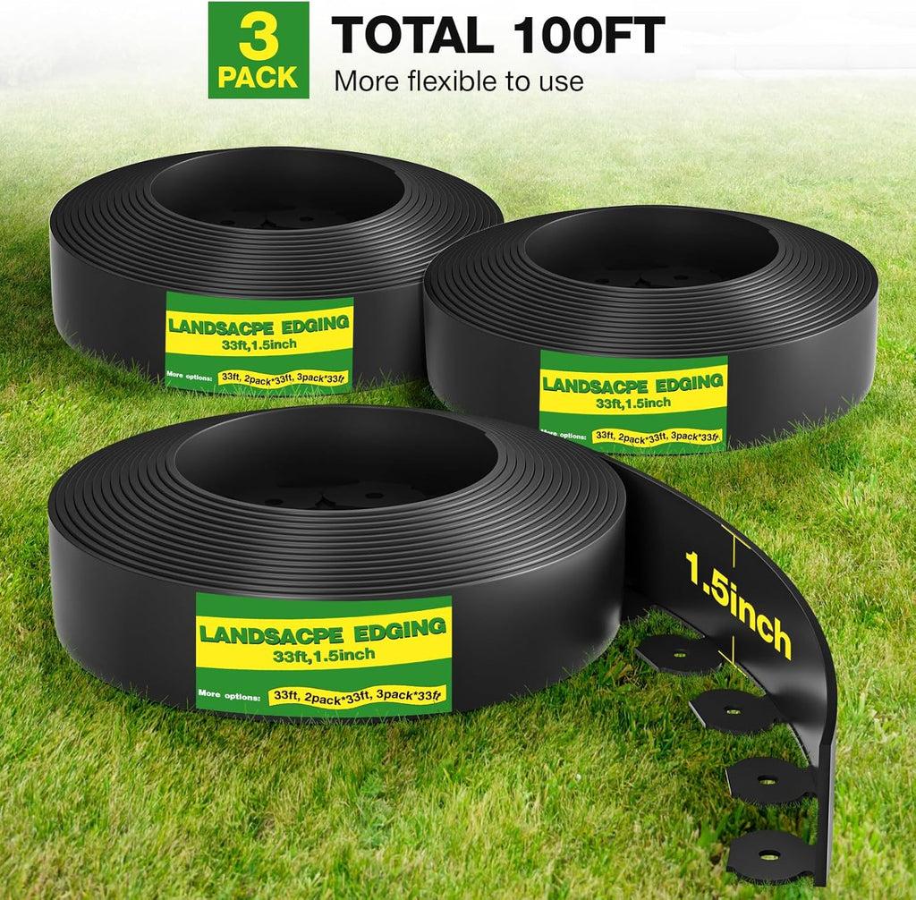 MIXC 66ft, 1.5in Tall Landscape Edging Kit with 100 Spikes, No-Dig Flexible Plastic Edge Border for Landscaping, Lawn, Garden, Flower Beds, Yard, Paver, Playground, Fence, Pathway,2pack,33ft Each