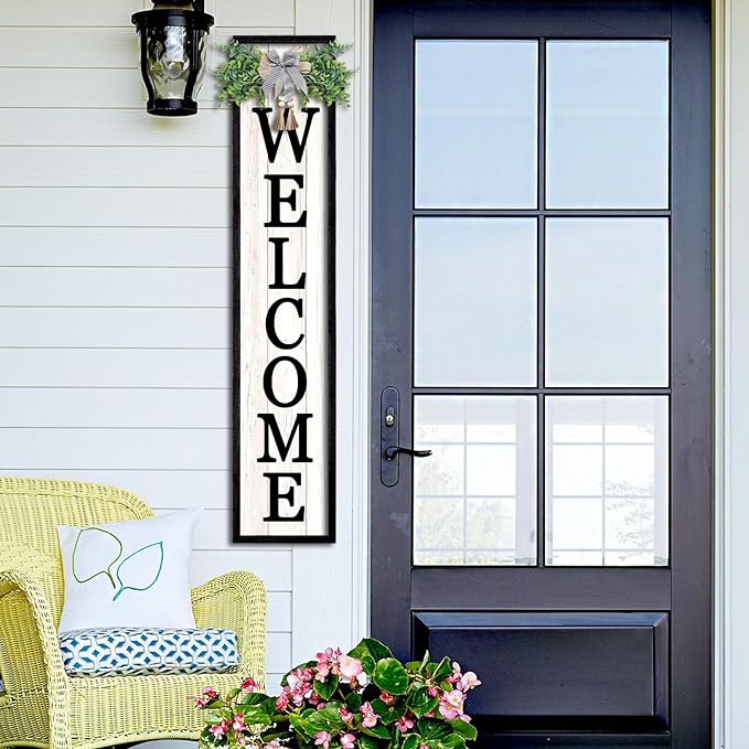 Surfapans Welcome Sign for Front porch Standing 45"X9"Large Wood Frame Outdoor Tall Welcome Signs Vertical Decor for Farmhouse Rustic Home Modern Outside Front Door Wall Decorations (Black)