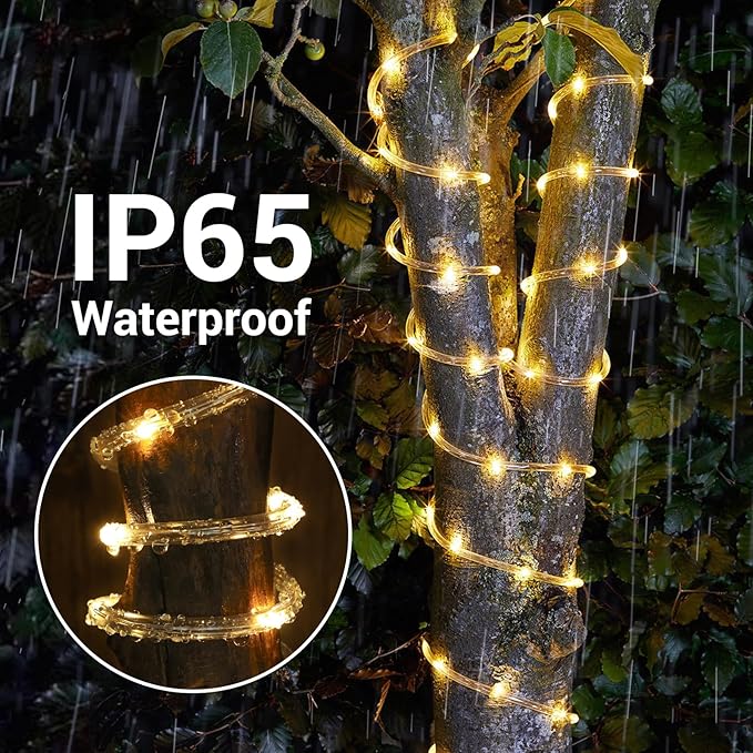 Solar Rope Lights, 2 Packs 66ft 200LED Solar String Lights, 8 Modes Waterproof Solar Powered Outdoor Lights, Flexible Clear Tube Light for Garden, Backyard, Patio, Deck, Pool,Tree Decor - Warm White