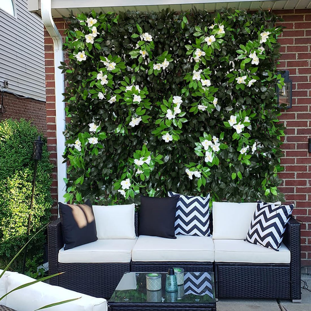 Expandable Fence Privacy Screen for Balcony Patio Outdoor,Decorative Faux Ivy Fencing Panel,Artificial Hedges (Single Sided Leaves) (2, Branches -White Fowers)
