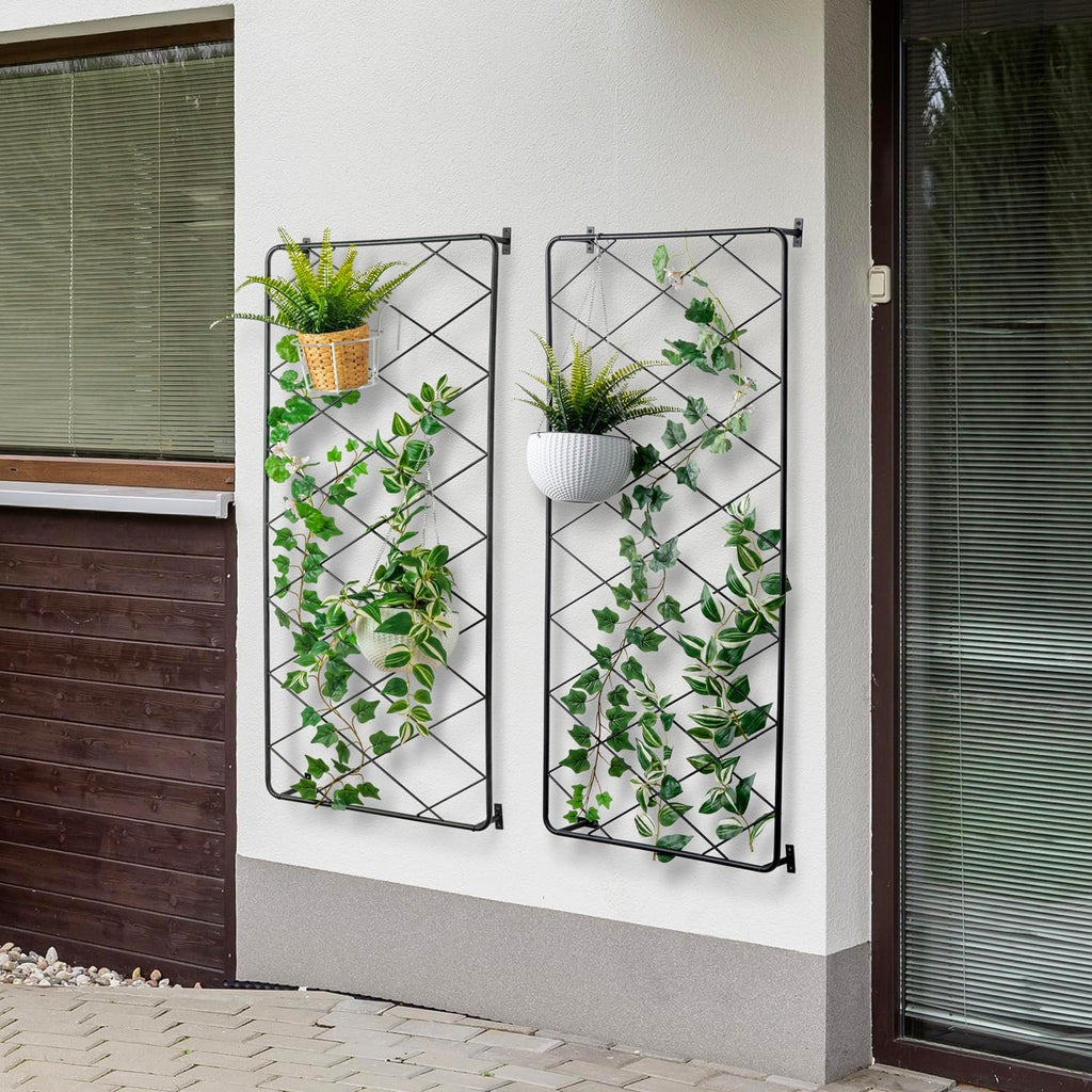 MyGift 50"x24" Wall Mounted Garden Trellis, Black Metal Lattice Panels for Outside, Hanging Lattice Support Frame for Outdoor or Indoor Climbing Plants, Set of 2 Panels