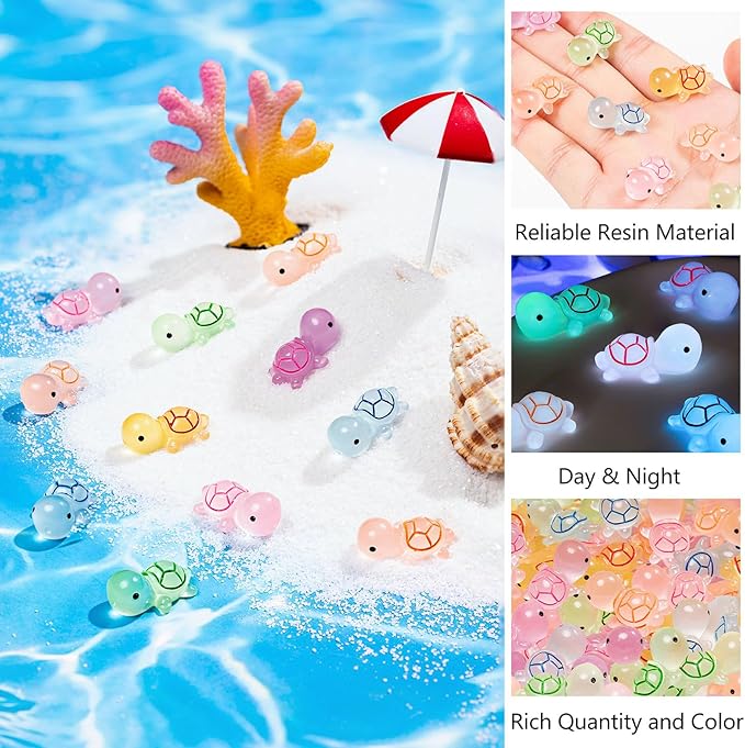 102PCS Luminous Mini Resin Turtles Sea Turtles Figurines Glow in The Dark, Cute Tiny Turtles Bulk for Cake Toppers Ocean Animal Theme Decor Garden Micro Landscape DIY Hidden Game (6 Colors)