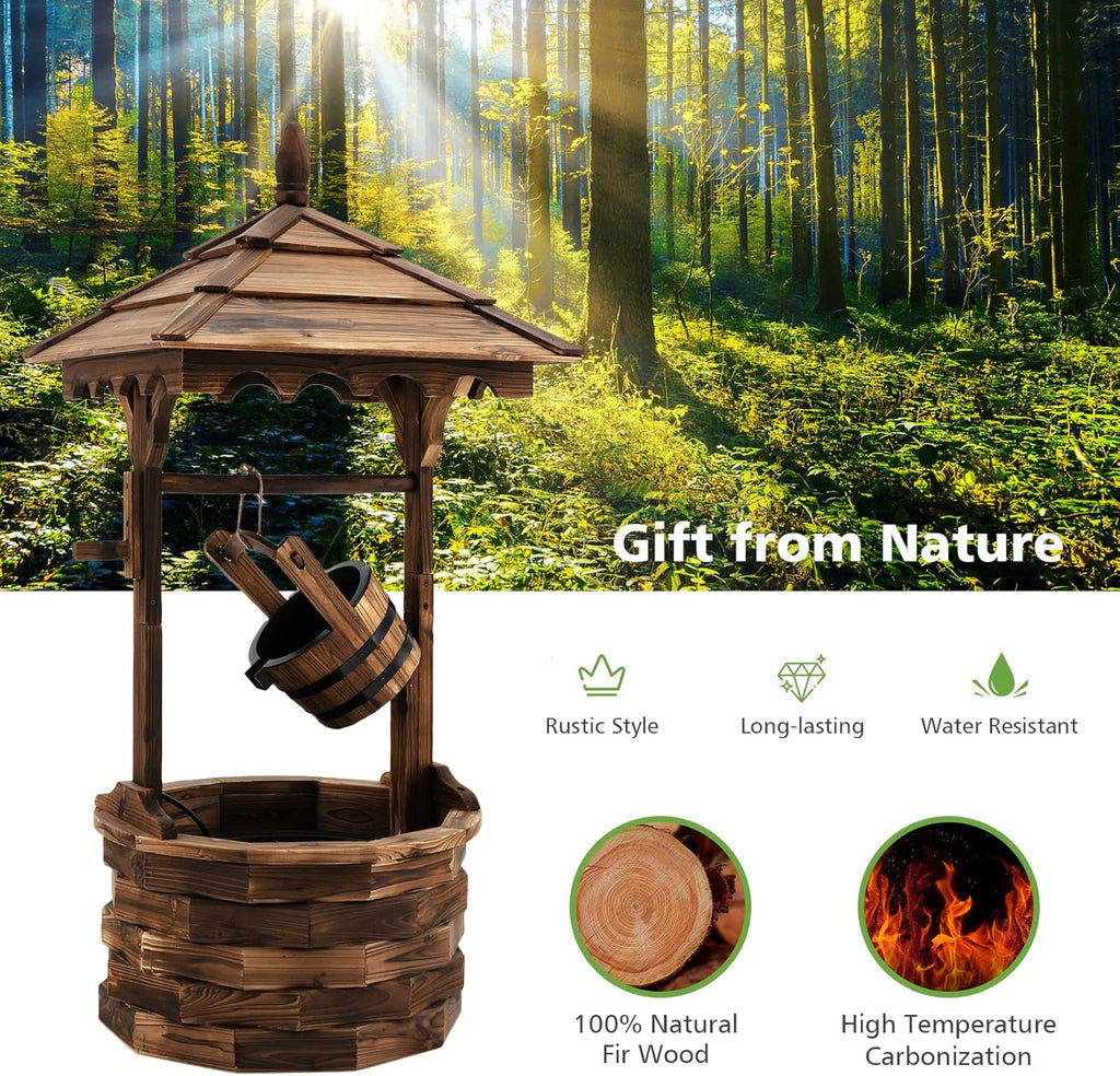 Giantex Rustic Wishing Well Fountain, Outdoor Wooden Water Fountain with Electric Pump, 5 Adjustable Water Flow Rates, Water Bucket, Freestanding Decorative Wishing Well for Backyard Patio Garden