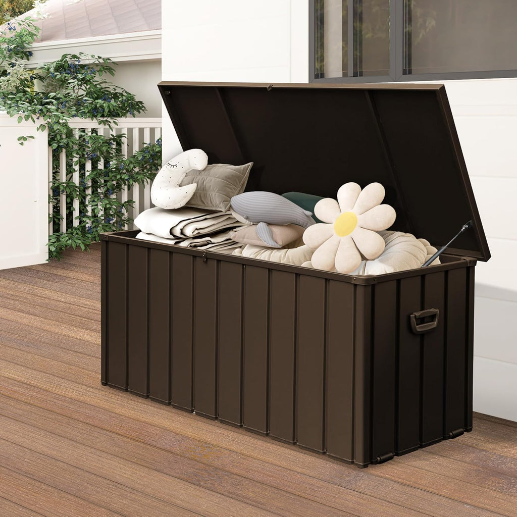 Outdoor Storage Box, 120 Gallon Metal Deck Box Waterproof, Outside Steel Storage Lockable Cabinet, Indoor Storage Bin Container for Patio/Poolside/Backyard Cushions, Pillow- Brown