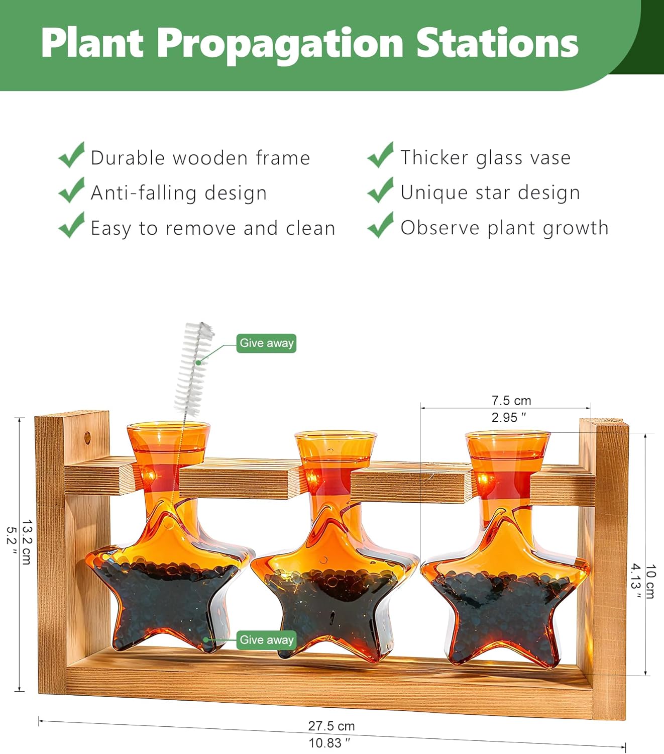 Nacome Plant Terrarium with Wooden Stand,Star-Shaped Planter Propagation Station Glass Vase for Home Office Decor- Unique Gifts for Plant Lovers Women Mom(Orange)