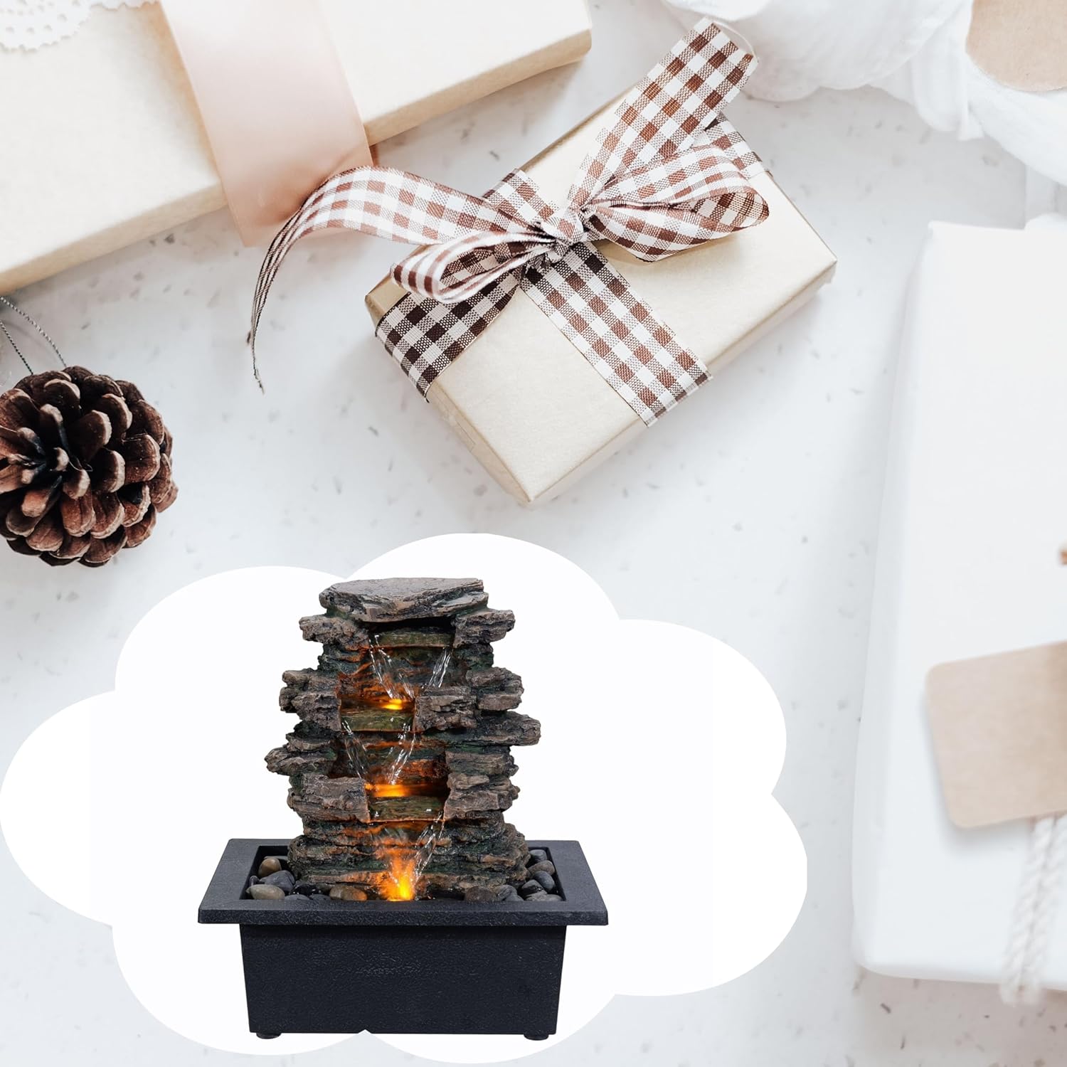 Tabletop Water Fountain, Home Décor Soothing Sound Machine with Automatic Pump, Deep Basin and Natural River Rocks. Indoor Zen Relaxation for Office, Living Room, or Bedroom Décor.