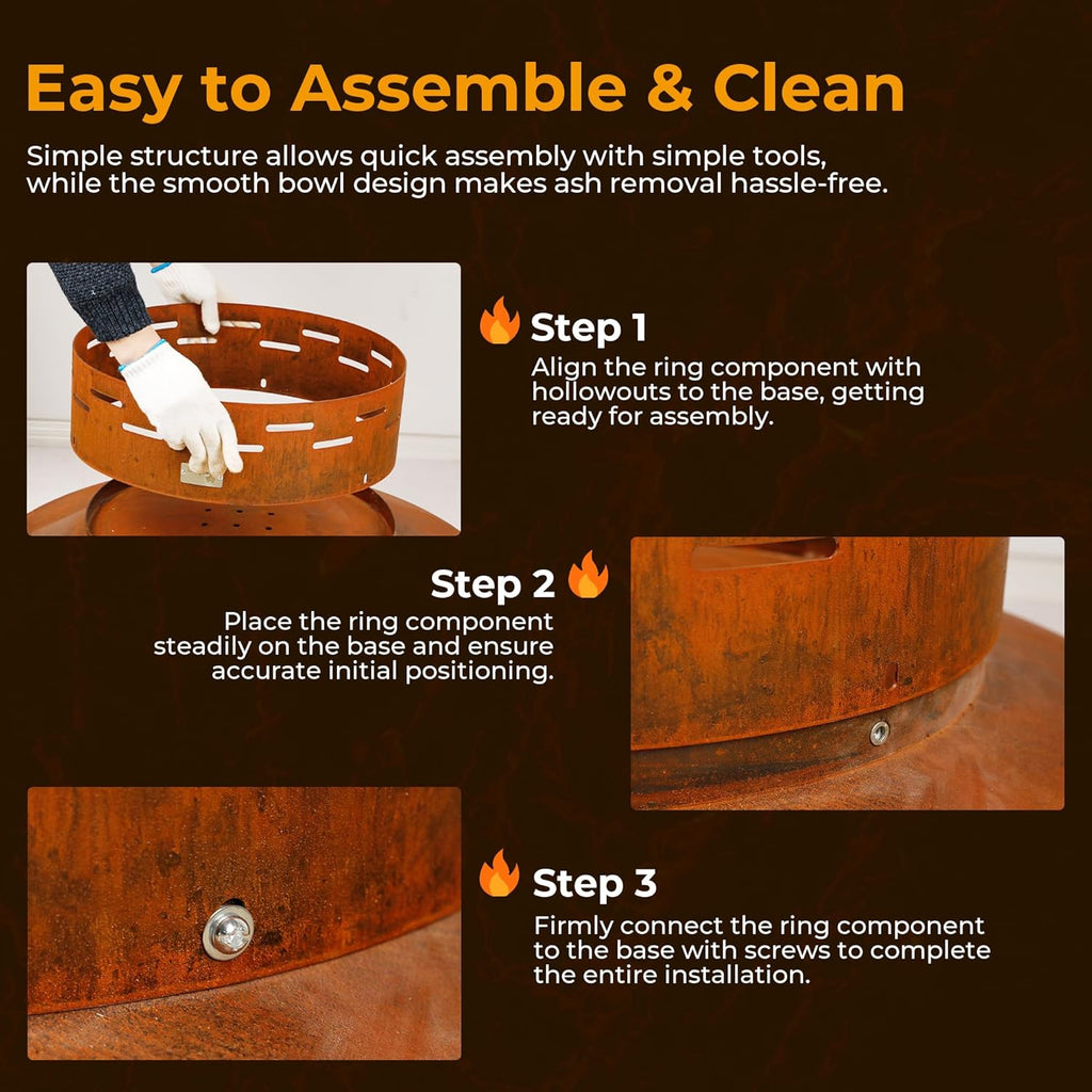 KOL 35" Dia. Heavy-Duty Fire Pit - Pre-Rusted Corten Steel Round Firepit Large Fire Bowl with Stand - Weathering Steel Wood Burning Fireplaces for Outside Backyard Deck Party Bonfire