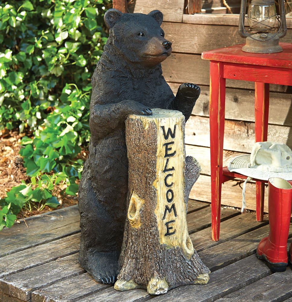 Black Forest Décor Standing Bear Tree Trunk Welcome Sign – Rustic Black Bear Decor, 14"W x 20"D x 35 1/2"H