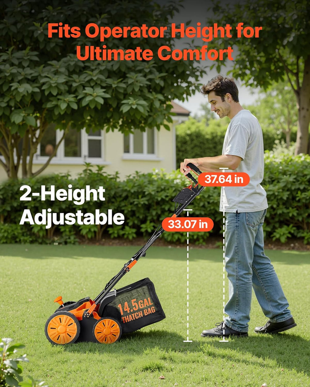 VEVOR 2-in-1 Electric Dethatcher and Scarifier, 16-Inch 15 Amp, Corded Lawn Dethatcher with 14.5-Gallon Thatch Collection Bag, 5-Position Depth Adjustment, Walk Behind Machine for Garden Yard Grass