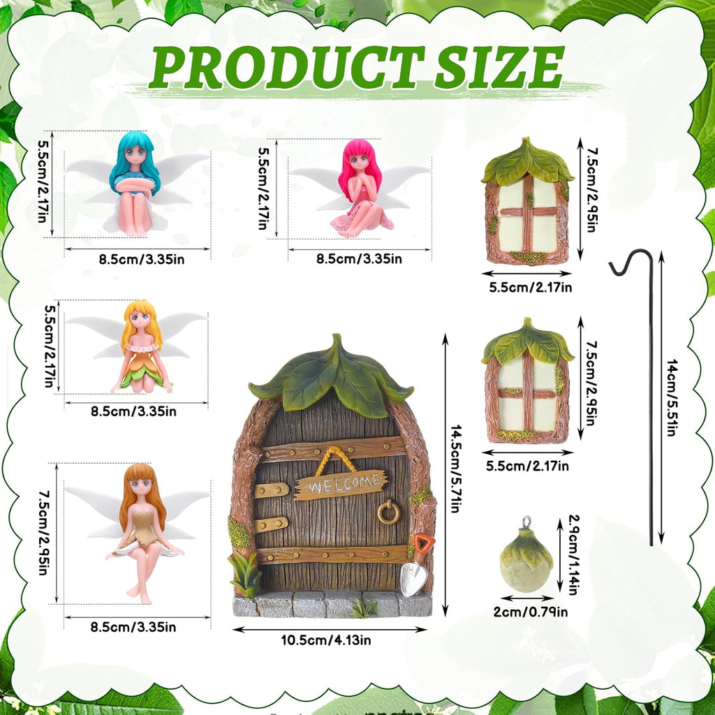 Glowing Miniature Fairy Garden Accessories, 4-Piece Miniature Fairy Figurines Glow in The Dark Fairy Door and Windows for Trees Set, Resin Light Up Sculpture Kit for Outdoor & Indoor Gardens