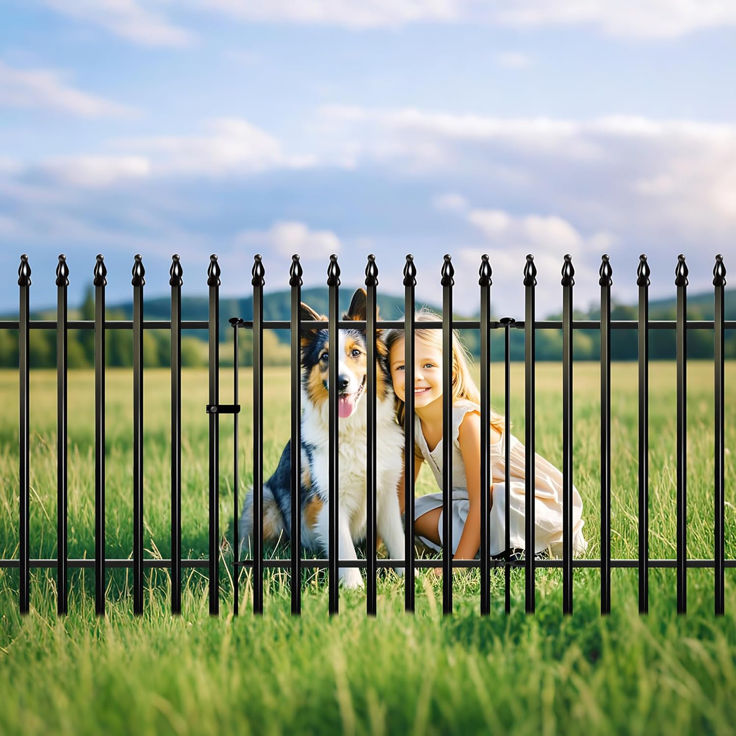 Metal Garden Fence 32 in H x 24 in W 5 Panels (4 Panels + 1 Gate) Total Length 10 ft, No Need Dig Rustproof Animal Barrier Fencing Border Fence for Dog, Patio,Yard, Landscape, Flower Bed