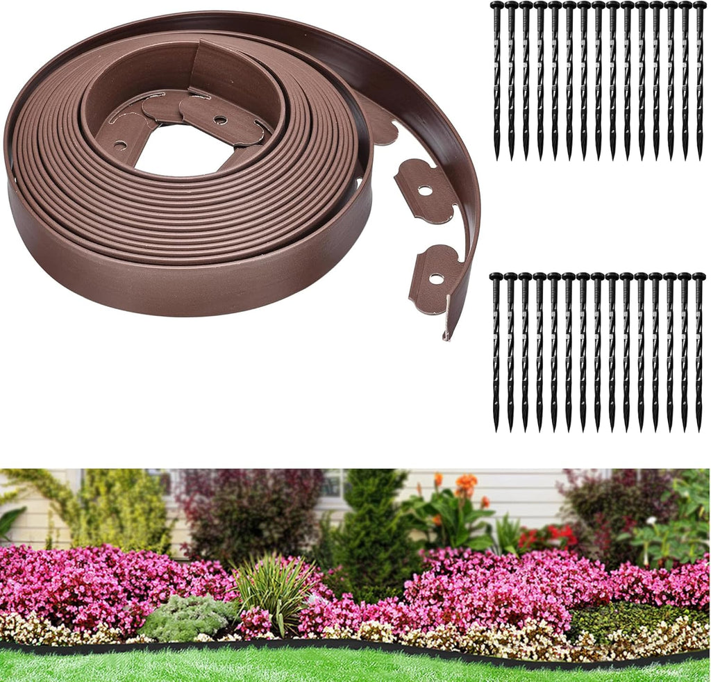 Landscape Edging Coil 33 FT, 2 Inch Tall Garden Edging Border Flexible Lawn Edging Kit with 30 Spikes, Plastic Edging for Landscaping Flower Beds Yard Pathway Paver Edging (2IN x 33FT, Brown)
