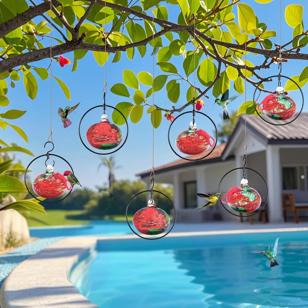 Flexible 6 Pack Hummingbird feeders for Outdoors Hanging Ant and Bee Proof,Detachable Hand Blown Glass Hummingbird Feeder with 6 Adjustable Silicone Perch(Red)