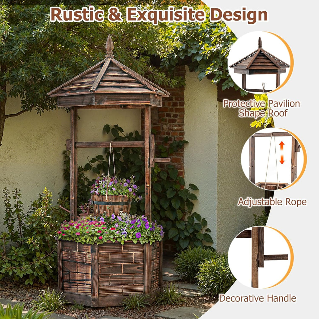 Tangkula Outdoor Wishing Well Planter, Old-Fashioned Wood Wishing Wells for Yard, Rustic Farmhouse Flower Planter Decoration for Garden, Backyard