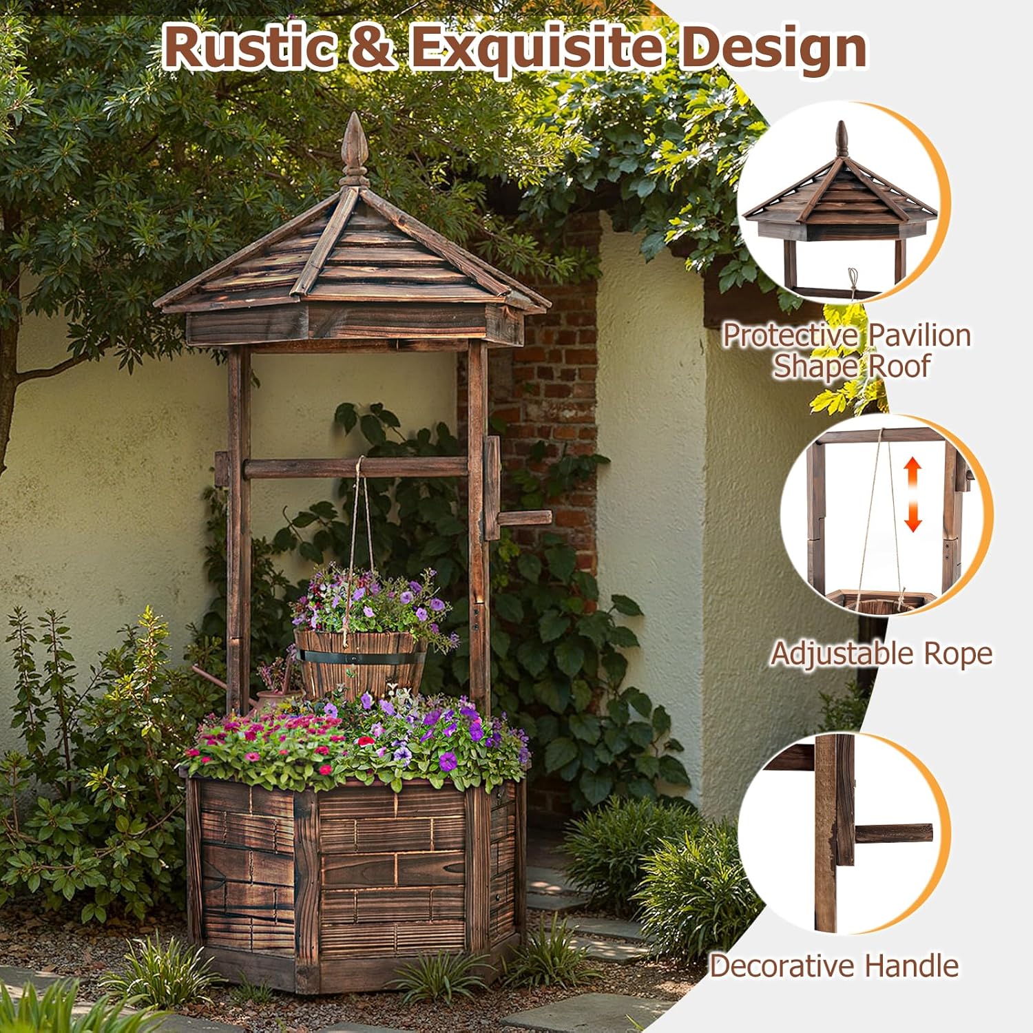 Tangkula Outdoor Wishing Well Planter, Old-Fashioned Wood Wishing Wells for Yard, Rustic Farmhouse Flower Planter Decoration for Garden, Backyard