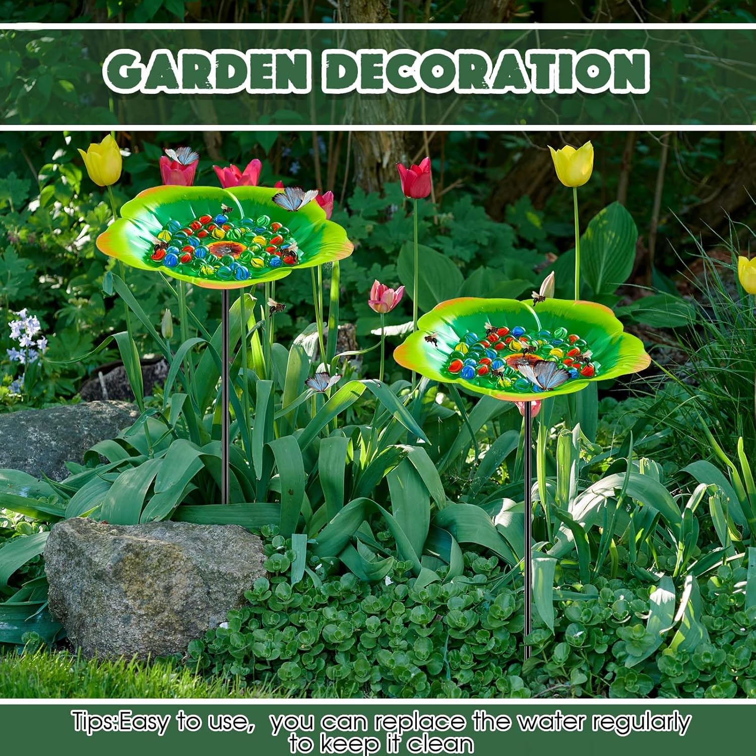 Tandefio Vivid Flower Bee Watering Station Metal Butterfly Water Feeder with 30 Colorful Glass Marbles Bee Feeder Butterfly Bath Bowl for Garden Outdoor Yard Decors(Green,Flower)
