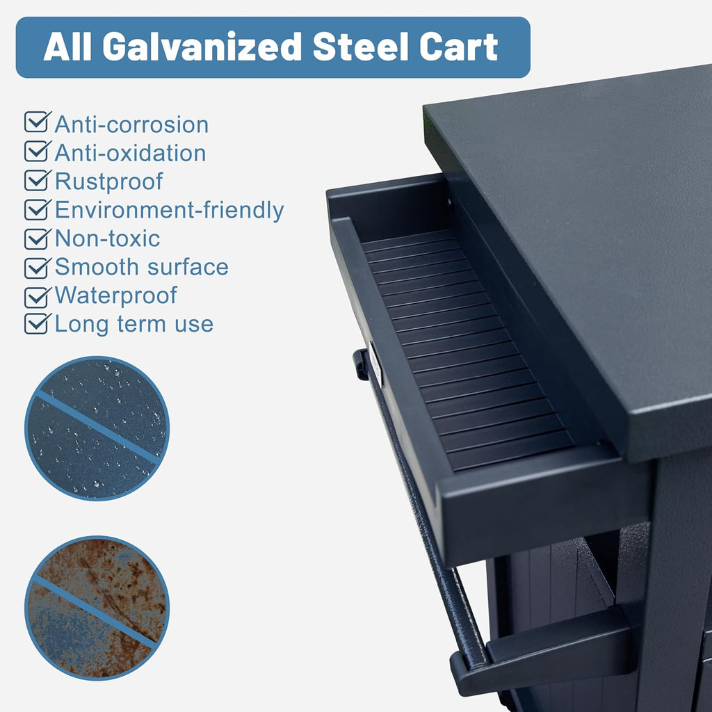 Grill Cart Outdoor with Storage Cabinet, Portable Rolling Patio Bar Cart with Wheels, BBQ Prep Table, Movable Stainless Steel Kitchen Island Dining Cart for Food/Drink/Cooking -Grey