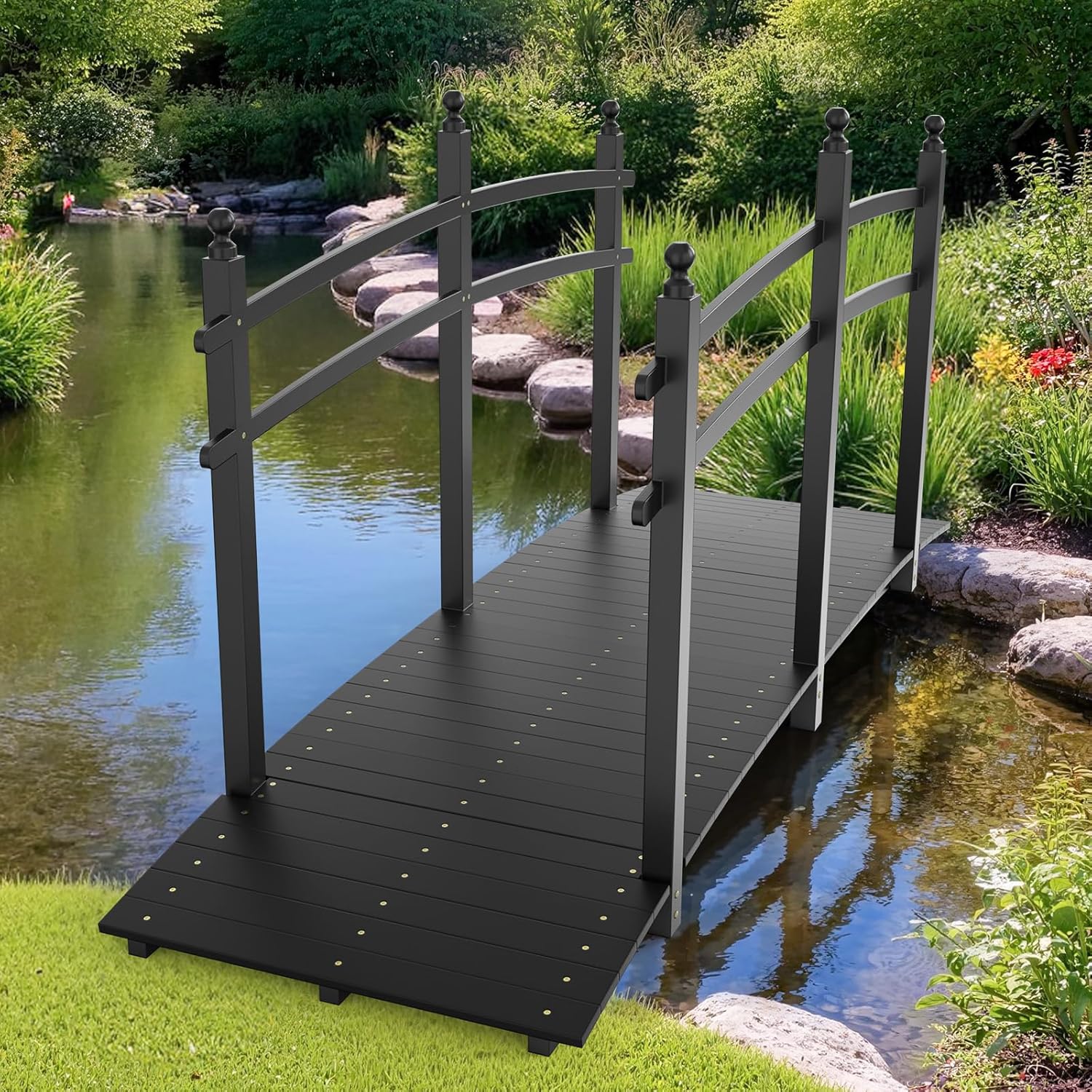 VINGLI Garden Bridge, Classic Wooden Arch with Safety Rails Footbridge (Black, 7.5 ft)