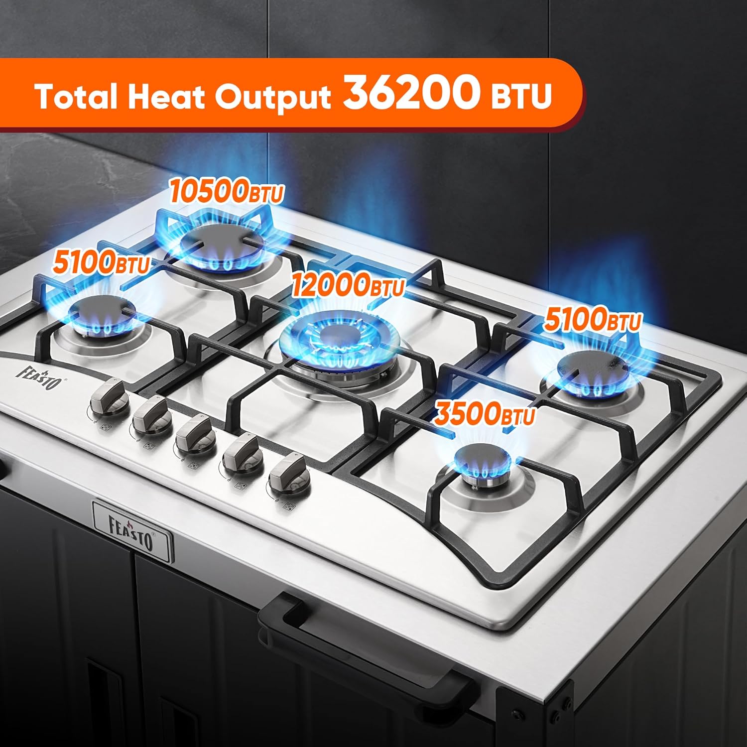 Gas Grill, Movable Outdoor Gas Stove Stainless Steel Top with Cabinet, 5 Burners with 36,200 BTUs, Outdoor Propane Grill for Outdoor Cooking, Ideal for Lawn & Garden, L35.4” x W24”