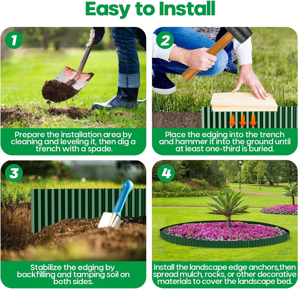 Corrugated Metal Garden Edging,Sturdy Tall Landscape Edging Borders with 6pcs Anchor Stakes, Perfect DIY for Flower Beds, Lawn and Pathway,Tree Surrounds,Paver Edges (Green 8"×20FT)