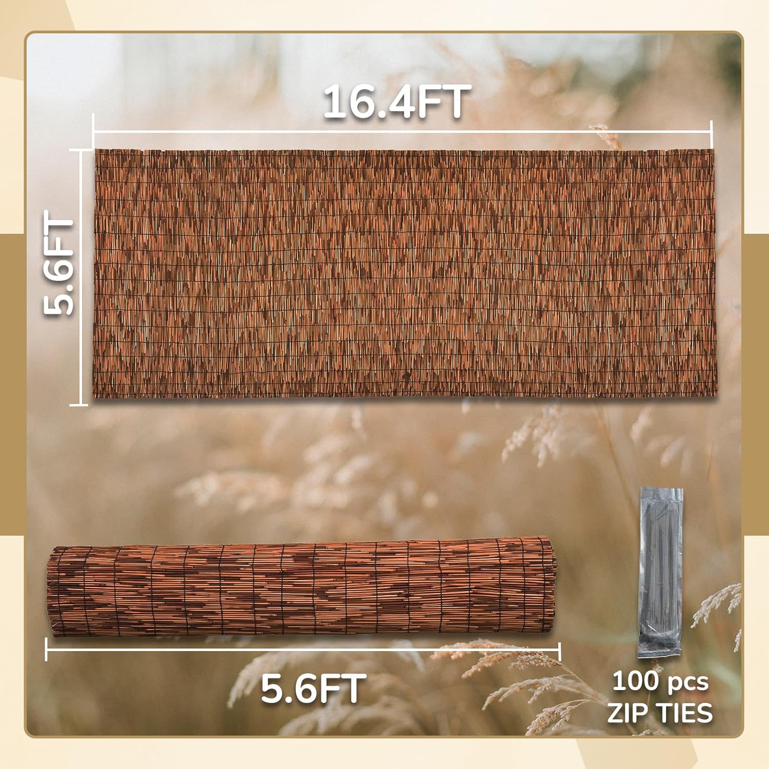 Brown 5.6FT X 16.4FT Reed Fencing Roll, Balcony Privacy Reed Shade Bamboo Fencing Garden Fence Border, Wind Block Sunshade Fence Screen for Outdoor Yard Patio Flower Bed Edge