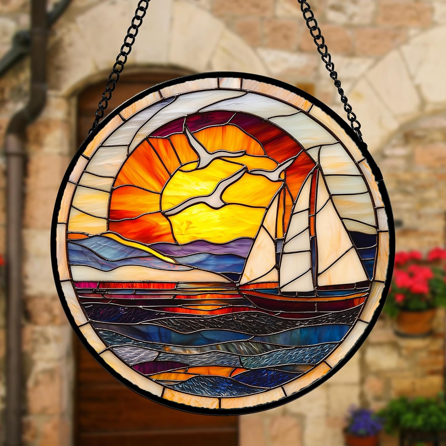 Stained Glass Window Hanging, Sun Ocean Sailboat Seagull Abstract Suncatcher Diamond Glass Panel Sun Catchers Decor for Birthday for Women, Men, Wife, Aunt, and Mom 11.8x11.8 in