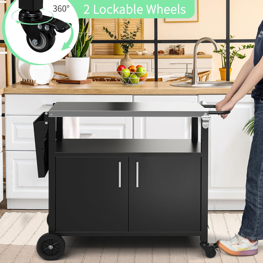 Shintenchi Outdoor Grill Cart Table with Stainless Steel Top for Kitchen Prep and BBQ, Outdoor Kitchen Island Table with Side Handle, Multifunctional Outdoor Grill Table, Black