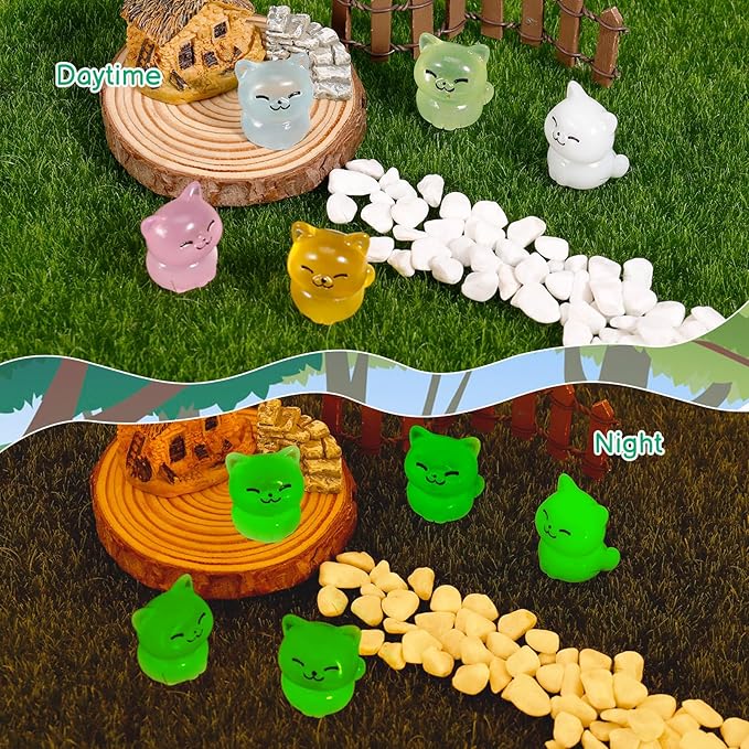 100 Pcs Luminous Mini Cat Figurines Resin Tiny Cat Animal Figurines Glow in The Dark Miniature Cat Statues Ornaments for DIY Cake Decoration Ornaments Crafts Moss Landscape Decoration