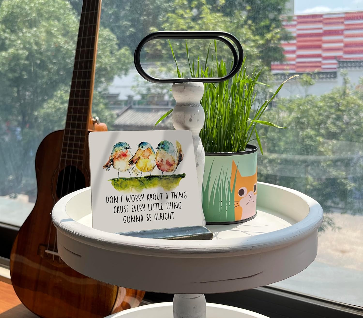 Primitive Wooden Sign, Don't Worry about A Thing Cause Every Little Thing Gonna Be Alright, Desk Plaque with Wooden Stand 4 x 4.3 inches, Three Little Birds Decor for Home Farmhouse A