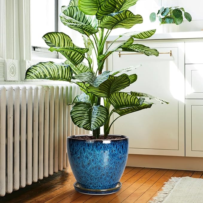 10 Inch Ceramic Planter Pot Round Plant Pot for Indoor Plants Outdoor Large Flower Pot with Drainage Hole and Saucer Blue