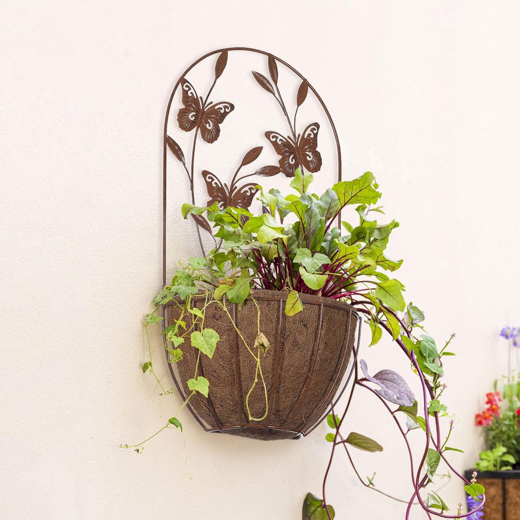 BAYN 2PK Wall Hanging Planter Decor Art with Butterfly, Metal Wall Mounted Planters Indoor Outdoor Wall Planter for Succulent Herb Home Garden Yard