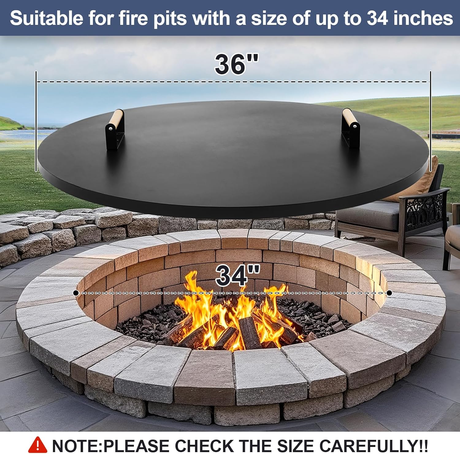 1MORE Fire Pit Lid Round 36" - Metal Firepits Cover with Wooden Handles for Patio Firepits,Rust Resistant 1.5mm Fire Pits Metal Lid, Firepits Accessory, Fire Pits Cover Round, All-season Protective