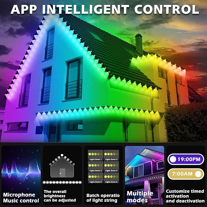 100FT Permanent Outdoor RGB Lights,Waterproof Smart LED Eaves Lights with App/Remote Control,for Christmas and All Holiday Decor,Daily and Accent Lighting,House Roof and Garden Lighting