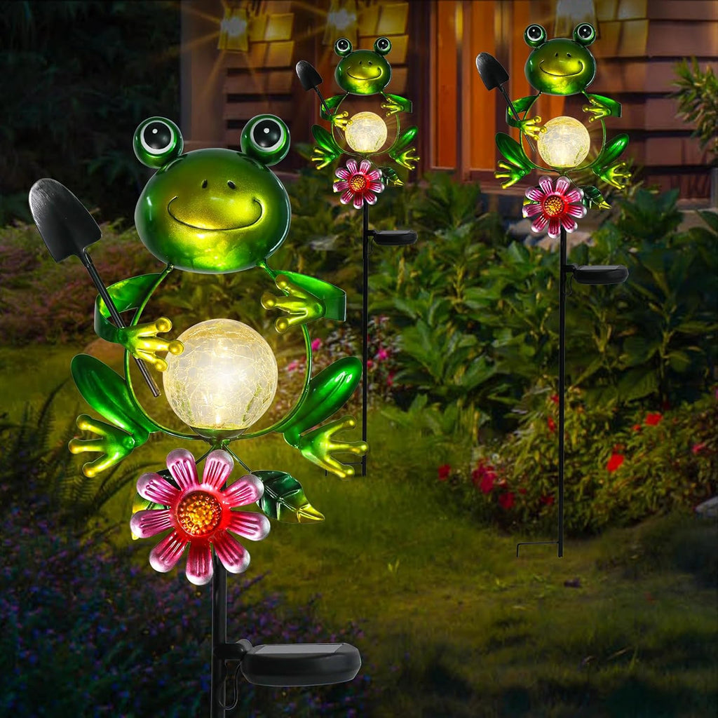 Afirst Solar Lights Outdoor Decorative Metal Frog Crackle Glass Globe Warm White LED Metal Waterproof Garden Stake Lights for Walkway Pathway Lawn Patio Yard Decorations