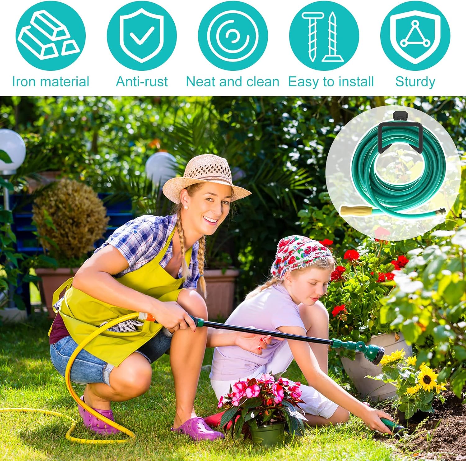 Metal Garden Hose Hook Heavy Duty Water Hose Hook Wall Mounted Garage Hook Sturdy Storage Bracket Stand Organizer 40lbs for Water Extension Cords Black