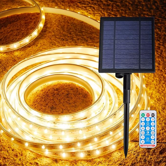 LUHLEE Solar LED Strip Lights Outdoor,Brighter 600 LED 32.8FT Solar String Lights Outdoor with Remote,8 Lighting Modes Auto ON/Off Rope Lights for Outside,Deck,Steps,Christmas Decor Lighting
