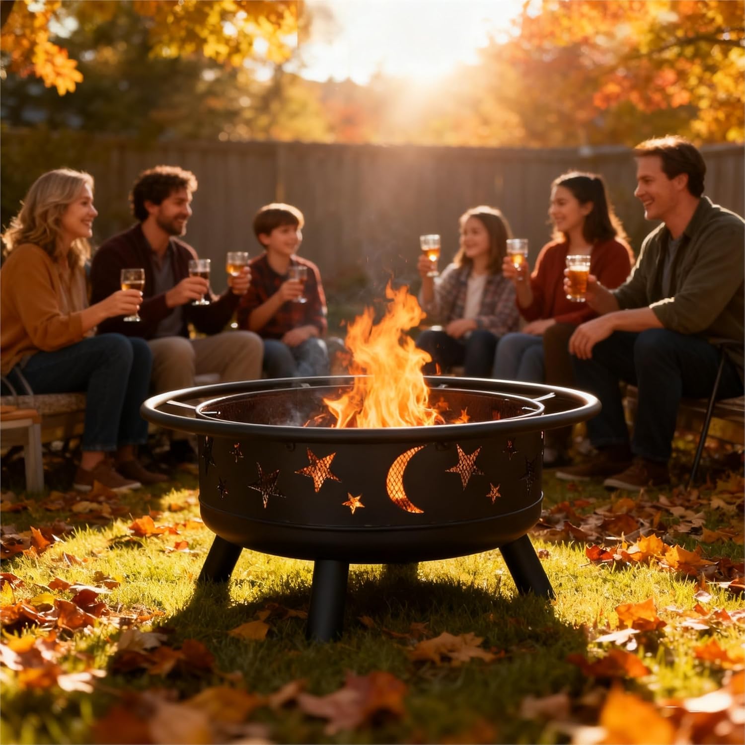 Grovelli 38" Round Wood Burning Fire Pit with Mesh Cover, Fire Poker, Star & Moon Cutouts, Metal Outdoor Firepit for Patio, Backyard, Garden, Bonfire, Camping, Christmas, Thanksgiving, Halloween