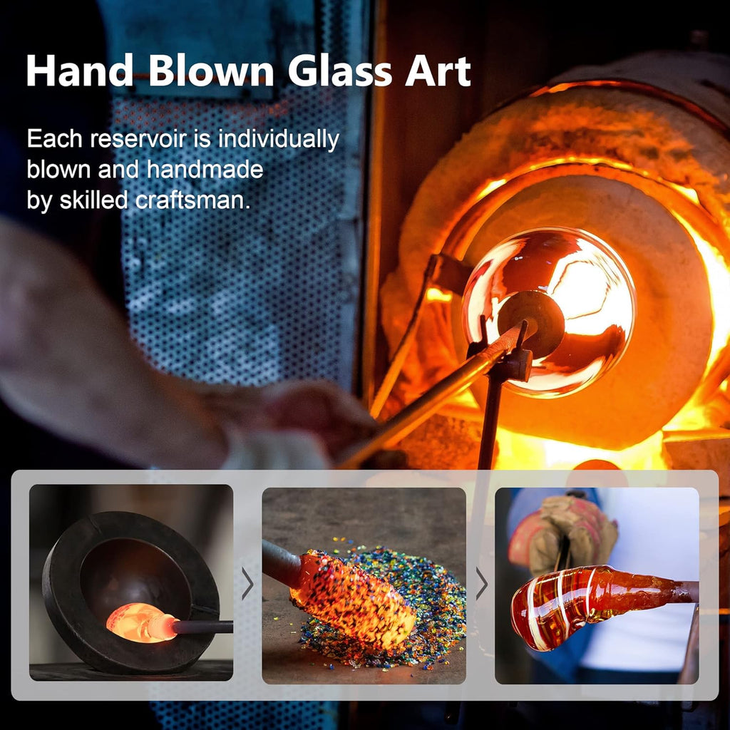 LUJII Hand Blown Glass Hummingbird Feeder for Outdoors Hanging with Ant Guard, 36 fl.oz, Leak Proof & Rustproof, Metal Base with 5 Feeding Ports & 5 Perches, Unique Garden & Backyard Decor (Purple)