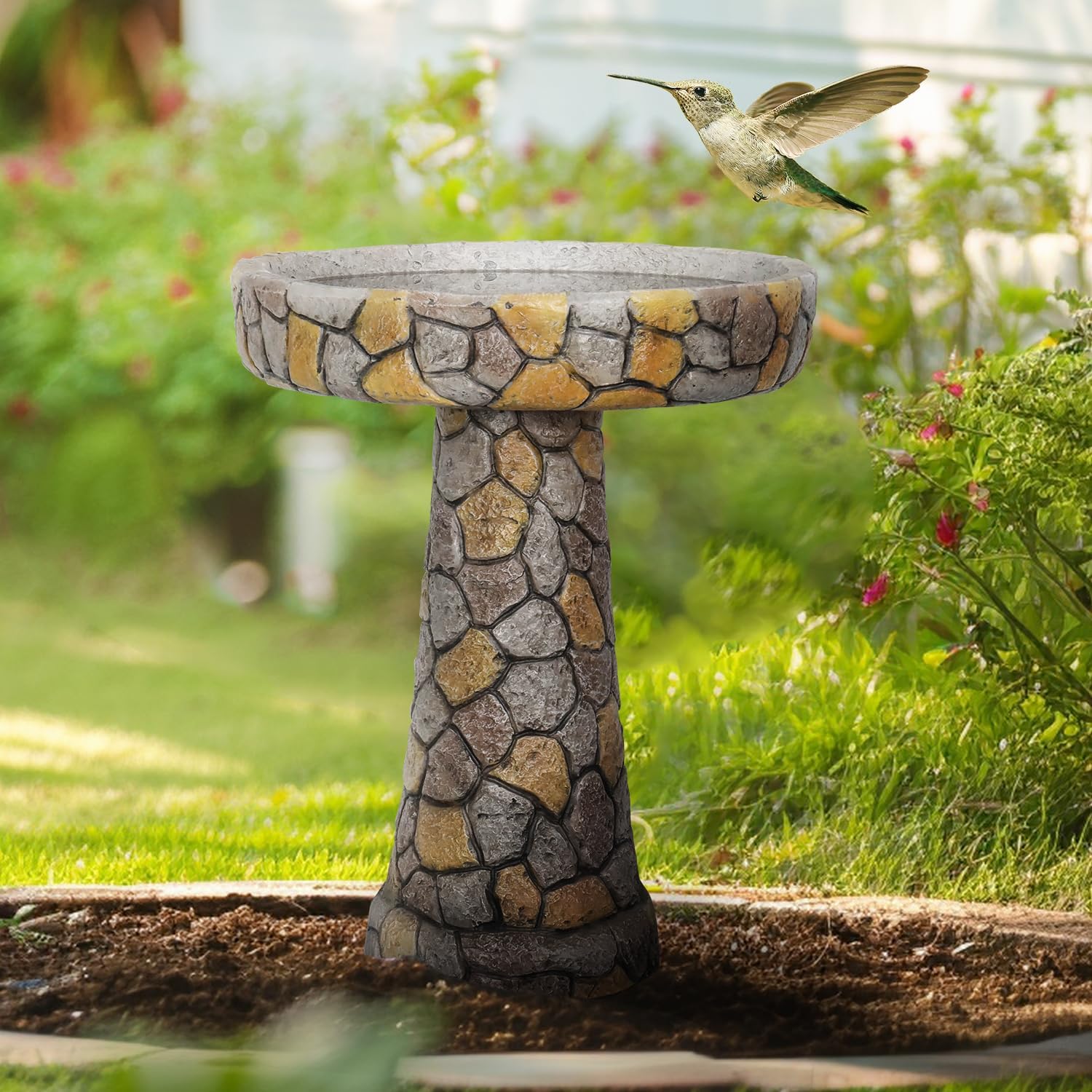 SKYFIRE Stone Like Outdoor Bird Bath - Concrete Freestanding Patio Birdbath with Pedestal for Garden, Patio, Yard, Lawn - 18.8”L X 18.8”W X 24”H Rustic Faux Stone Pedestal Outdoor Garden Birdbaths