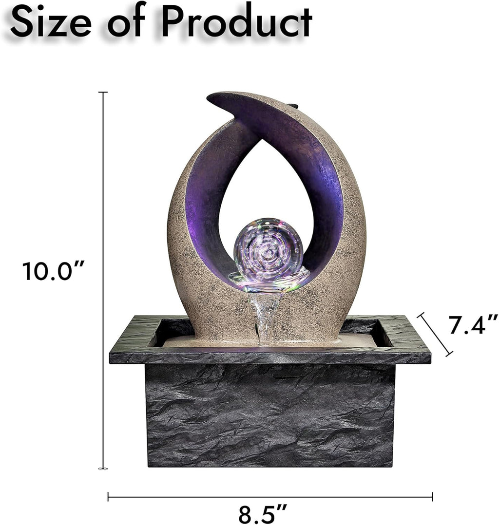 Tabletop Water Fountain, Indoor Desk Waterfall, Meditation Fountain with LED Lights Rolling Ball & Curved Form, Home Office Decor