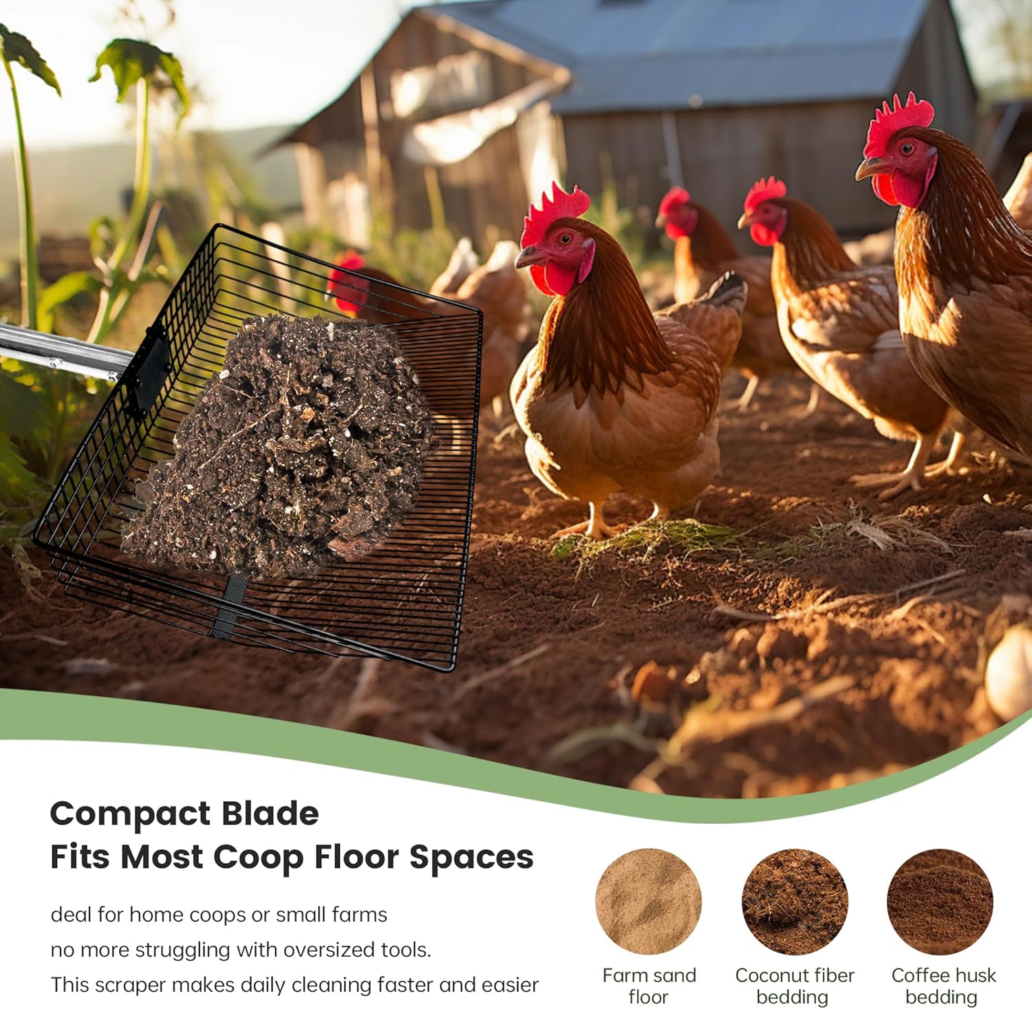 Chicken Poop Scooper for Sand + Work Gloves，Chicken Coop Scoop with 30" to 67" Adjustable Stainless Steel Long Handle，Sifting Shovel，Poop Scooper for Chicken Coop Rake，Farm Animals，Cleaning Tools