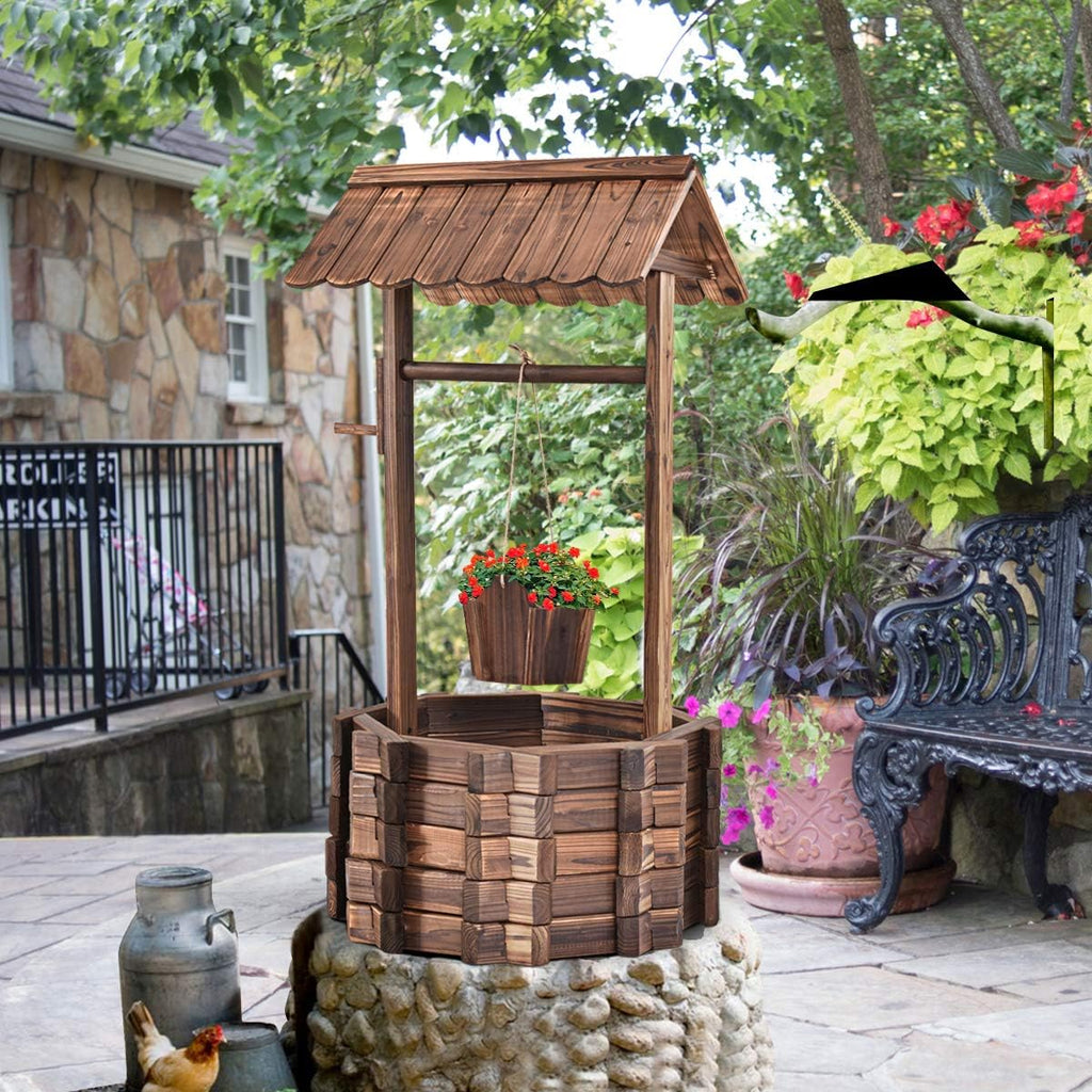 S AFSTAR Outdoor Wishing Well Planter, Wooden Rustic Flower Planter w/Hanging Bucket, Outside Decorations for Yard Garden Patio