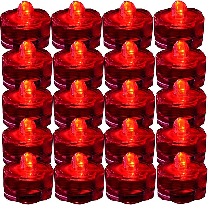 Bright LED Floral Tea Light Submersible Lights for Party Wedding (Red, 20 Pack)