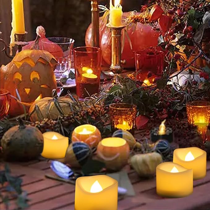 CANDLE CHOICE Battery Operated Flameless Tea Lights Realistic Flickering Long Lasting LED Votive Tealight Candles for Halloween Thanksgiving Christmas Wedding Decorations Battery Included 24 Pack