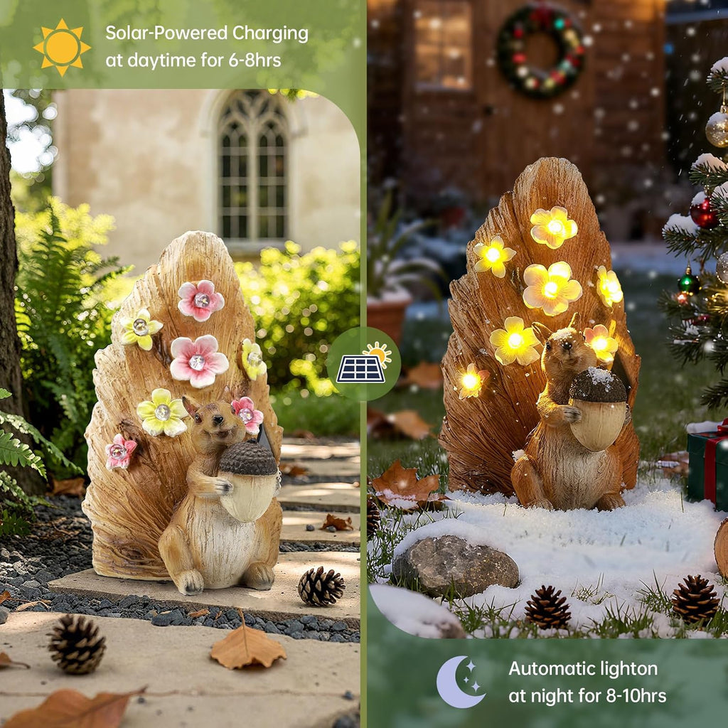 Solar Squirrel with Acorn Statue Light, Weatherproof Resin Animal Figurine Light Garden Decor Auto On/Off - Woodland Gift for Patio & Yard