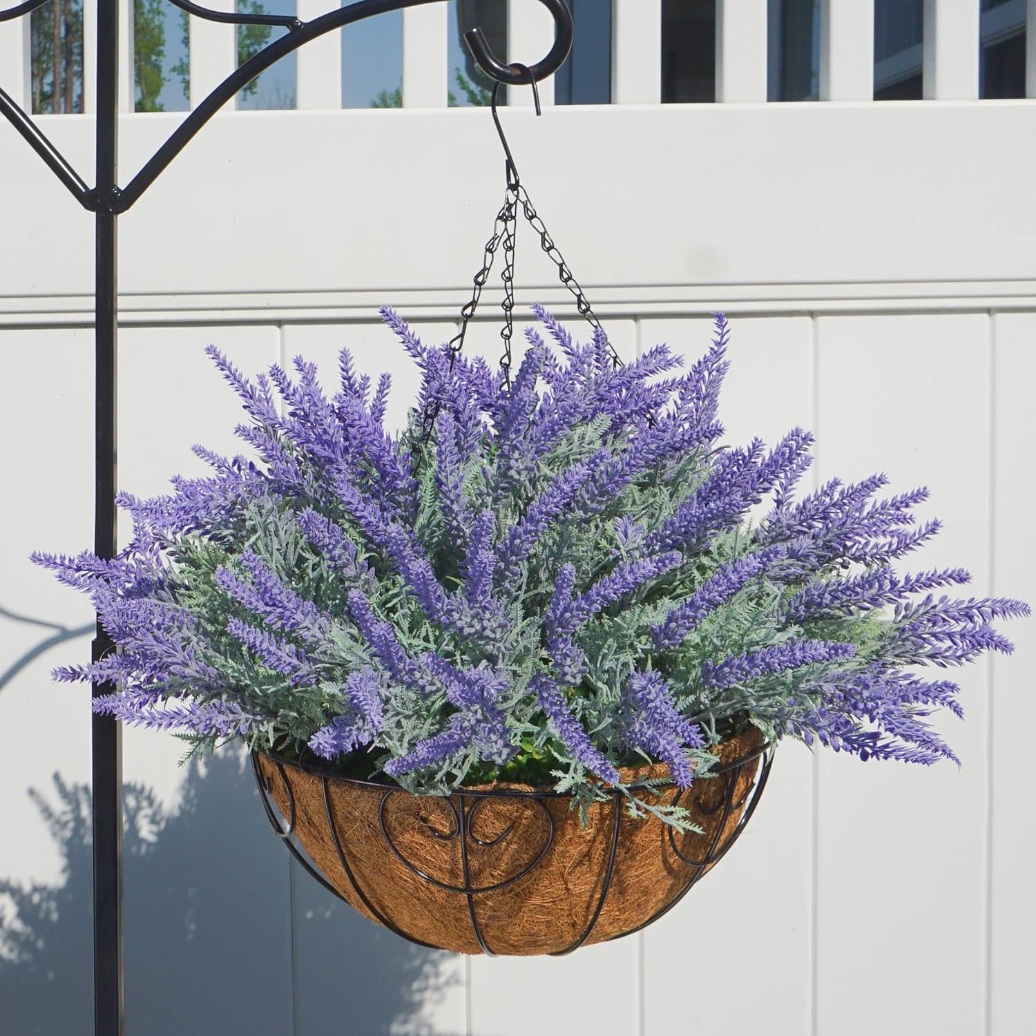 Ivydale Artificial Faux Outdoor Hanging Flowers Plants Basket for Porch Spring Decoration, 12 Bundlies Fake UV Resistant Lavender with Coconut Lining Baskets for Home Patio Balcony Yard