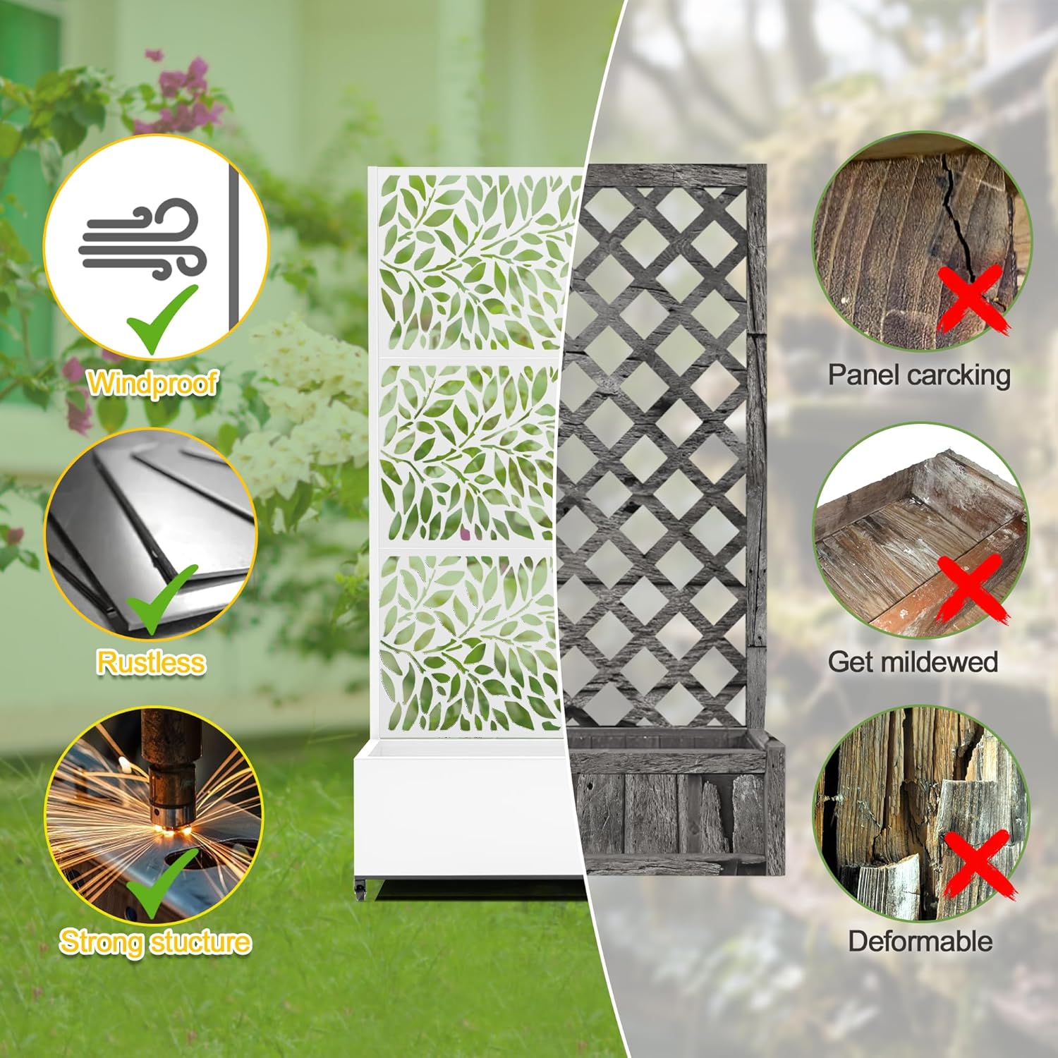 FENCY Metal Raised Garden Bed with Wheels and Trellis,73"x35"x16" Planter Box for Climbing Plants, Vegetables & Vines, Features Privacy Screen and Drainage Holes (White-Leaf-2)