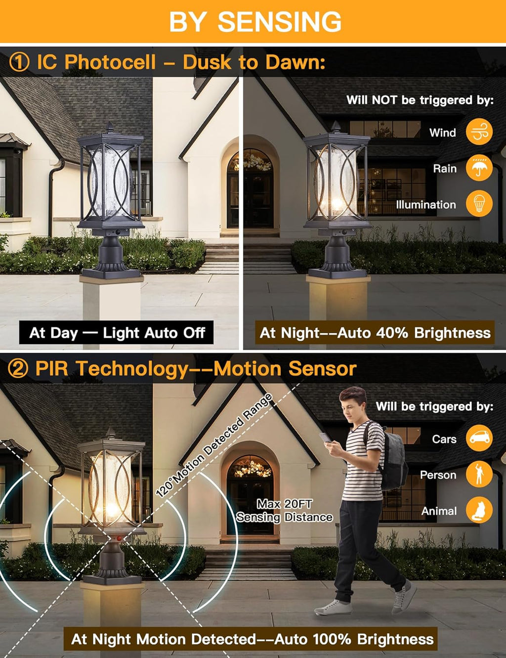 Motion Outdoor Post Lantern Dusk to Dawn Pillar Lamp with 3 Inch Pier Mount Adapter, Black Pole Light Aluminum with Crackle Glass Motion Outdoor Post Lights for Patio, Yard, Garden, Pathway