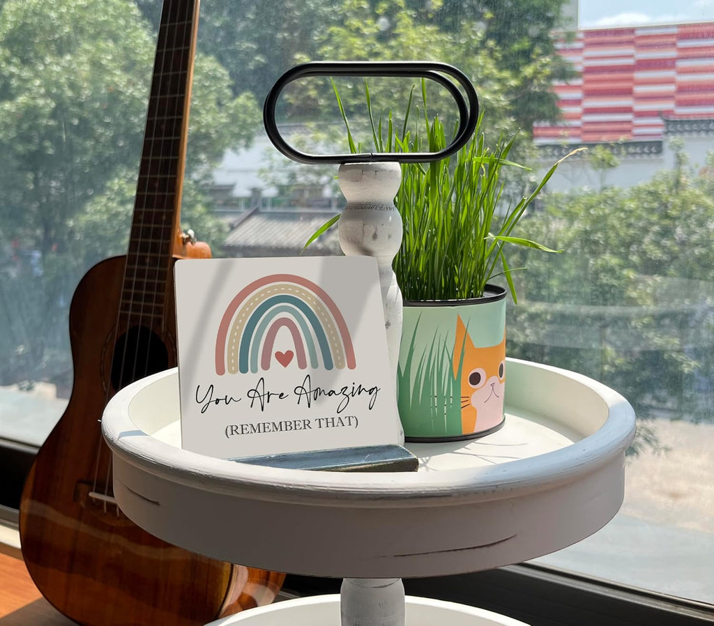 Primitive Wooden Sign, You are Amazing Remember That, Desk Plaque with Wooden Stand 4 x 4.3 inches, Rustic Home Decor, Farmhouse Sign, Inspirational Quotes Gifts for Friend Family, Cheer Up Gift A